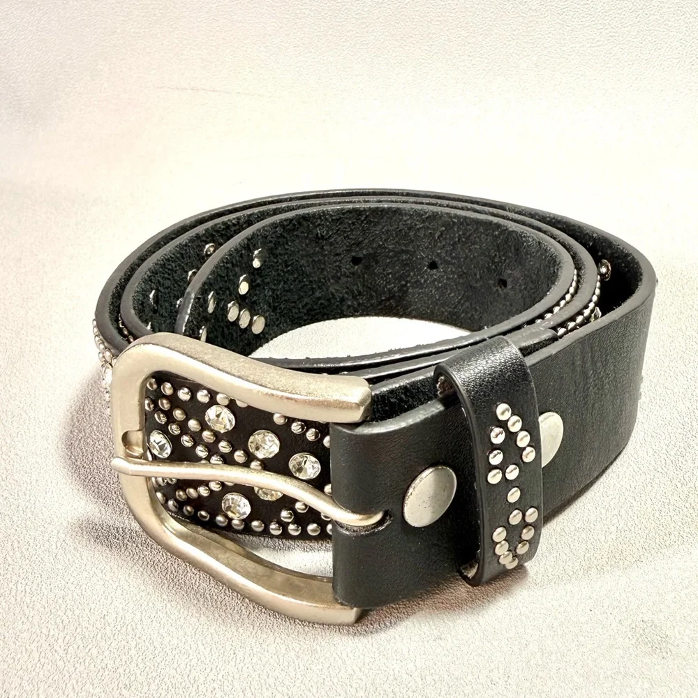 Shyanne Genuine Leather Black Rhinestone and Silver-Tone Studded Belt NWOT